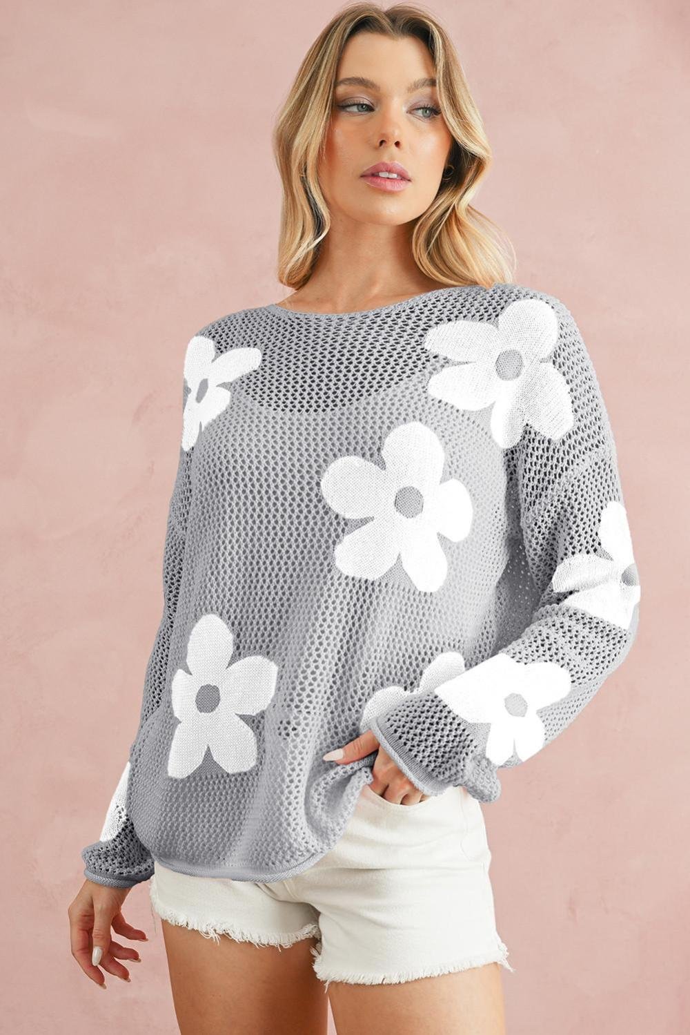 Knit Tops | Women Light Grey 60S Flower Drop Shoulder Hollow Knit Top