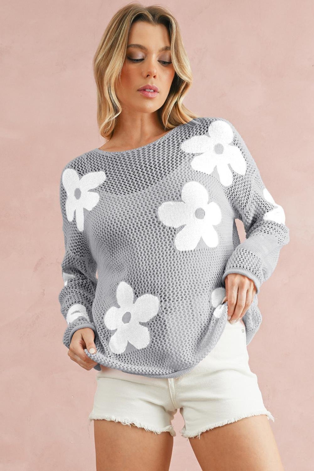 Knit Tops | Women Light Grey 60S Flower Drop Shoulder Hollow Knit Top